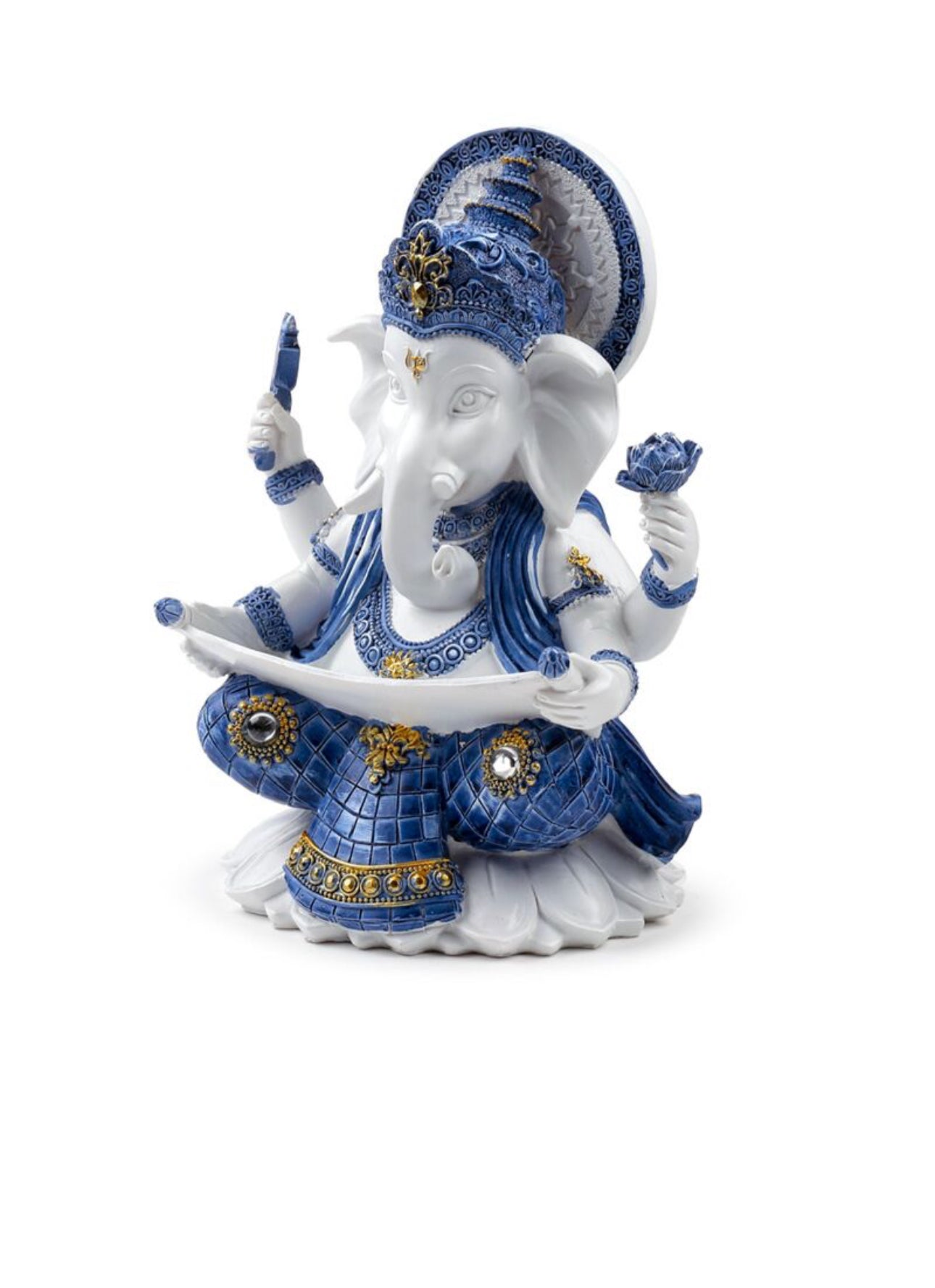 Figura Ganesha Blanca y Azul Postura Meditación