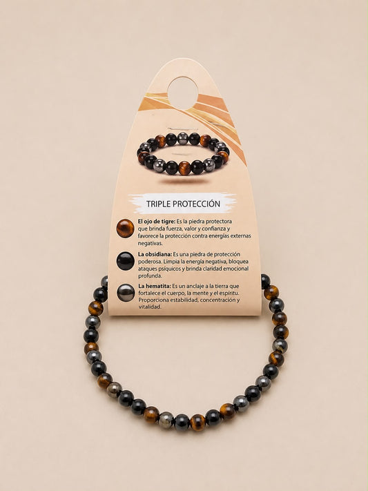 Pulsera Triple Protección Combinando Ojo Tigre, Obsidiana Y Hematite 4 mm