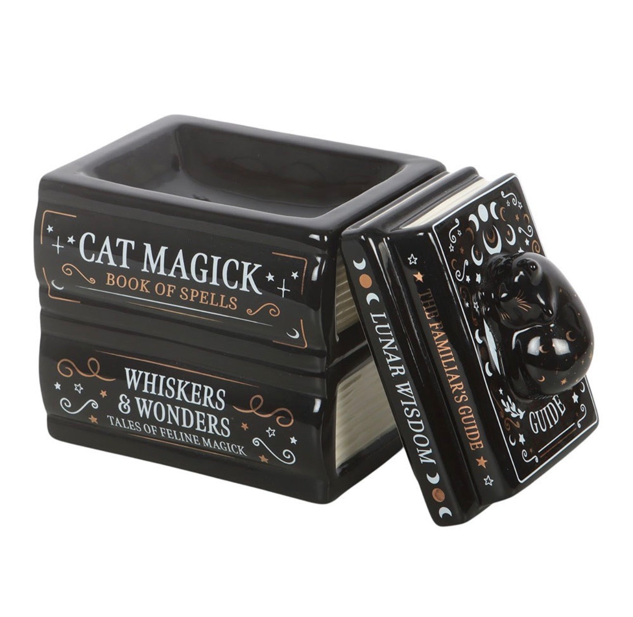 QUEMADOR DE ACEITE «BLACK CAT BOOK STACK» CON GATO