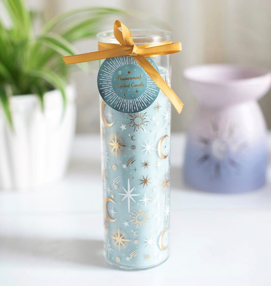 Vela tubo con diseño de cielos azules pastel