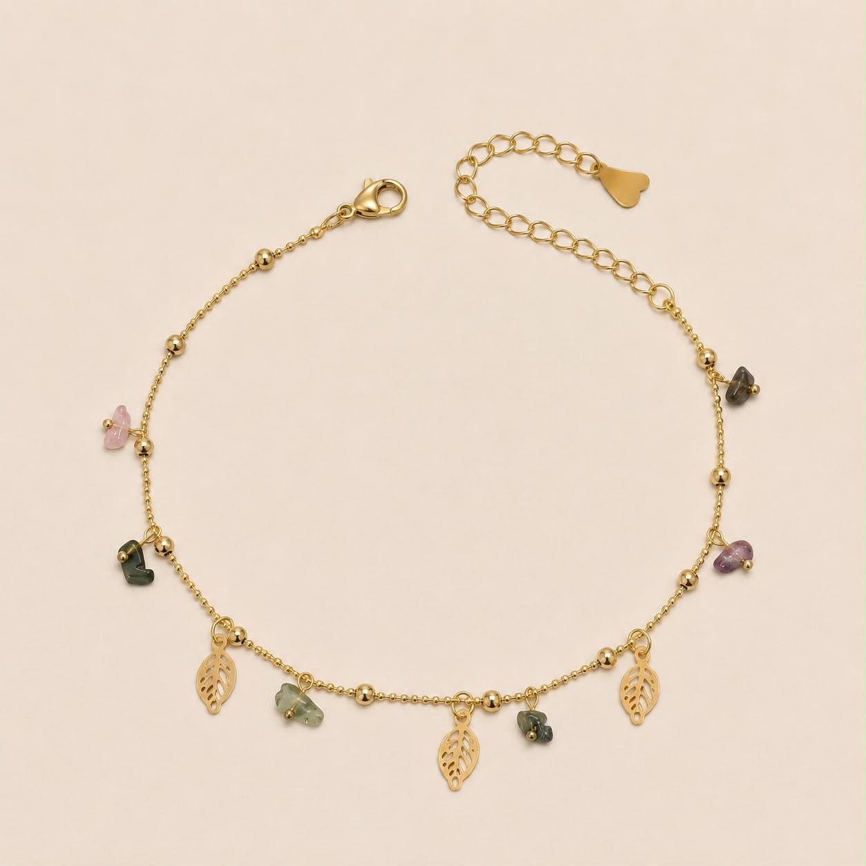 Tobillera Acero Inoxidable Dorado Con Dije de Hoja y minerales