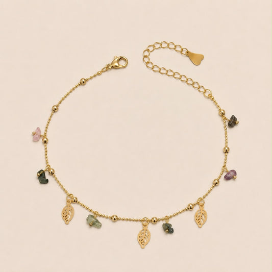 Tobillera Acero Inoxidable Dorado Con Dije de Hoja y minerales