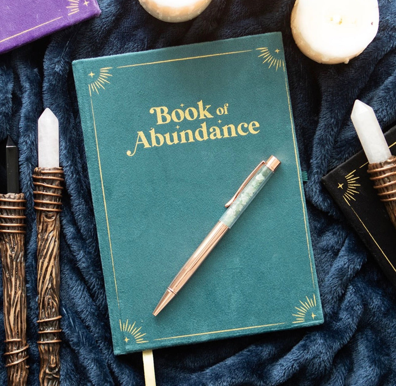 CUADERNO DE LA ABUNDANCIA, DIARIO CON PLUMA DE CRISTAL DE AVENTURINA VERDE