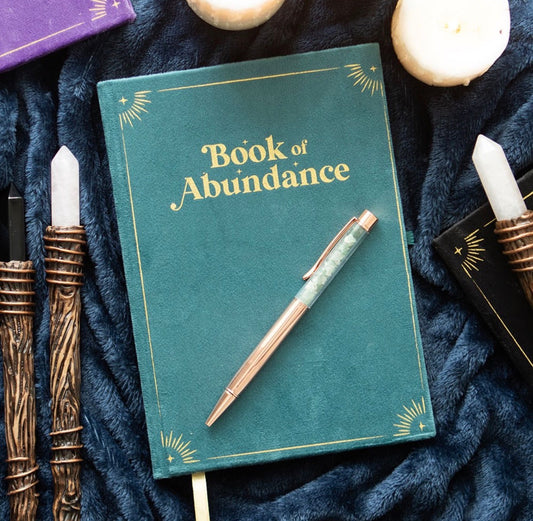CUADERNO DE LA ABUNDANCIA, DIARIO CON PLUMA DE CRISTAL DE AVENTURINA VERDE