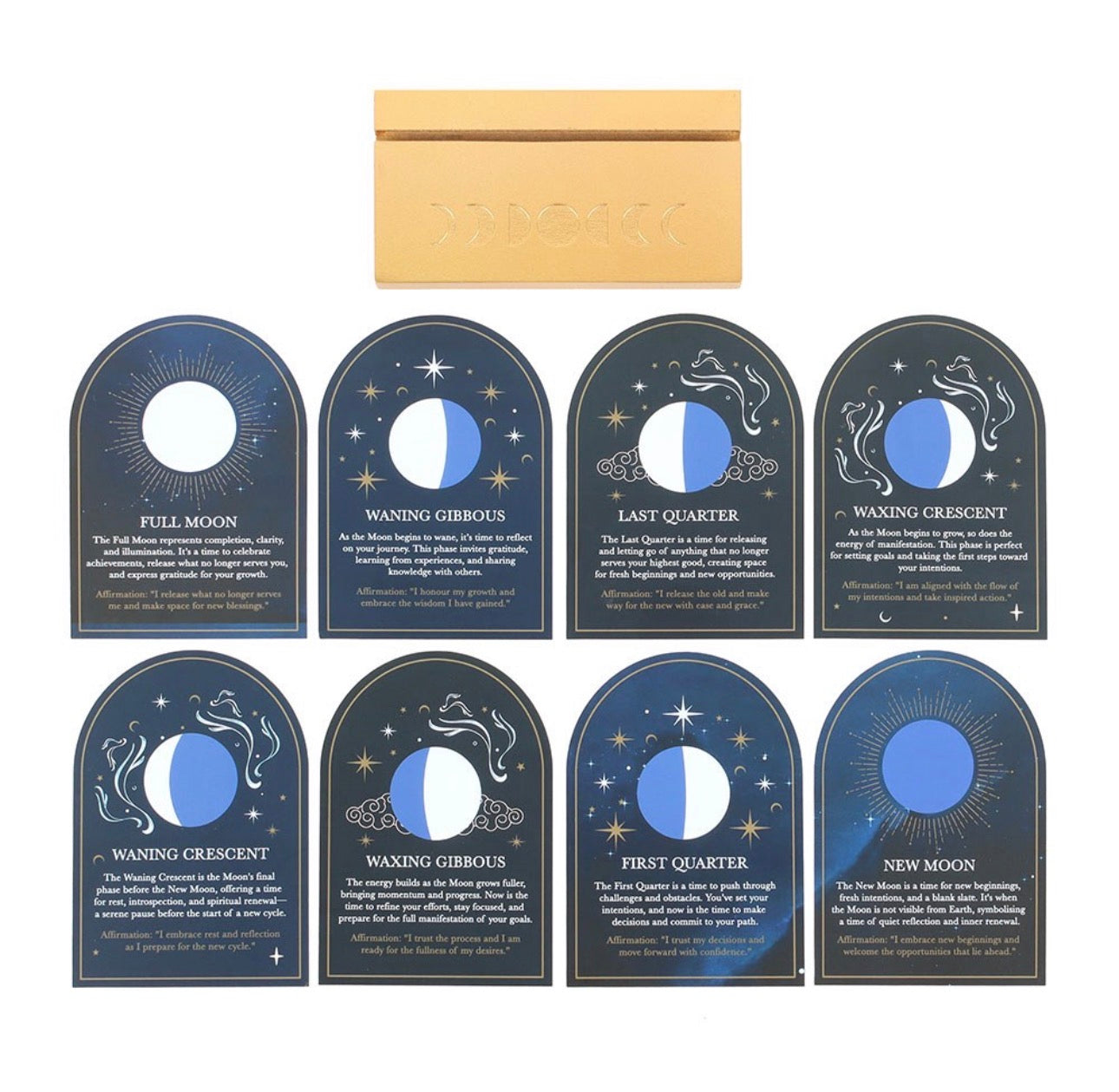 JUEGO DE 8 TARJETAS DE FASES LUNAR CON SOPORTE DE MADERA