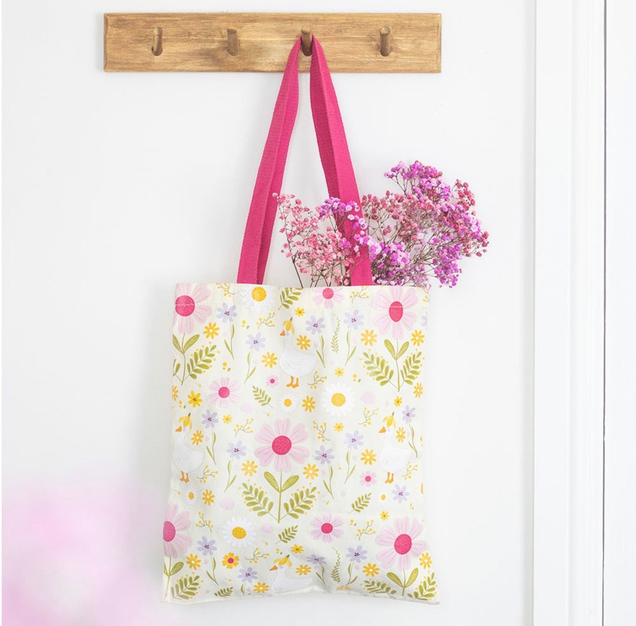 BOLSO TOTE CON ESTAMPADO DE MARGARITAS Y PATO