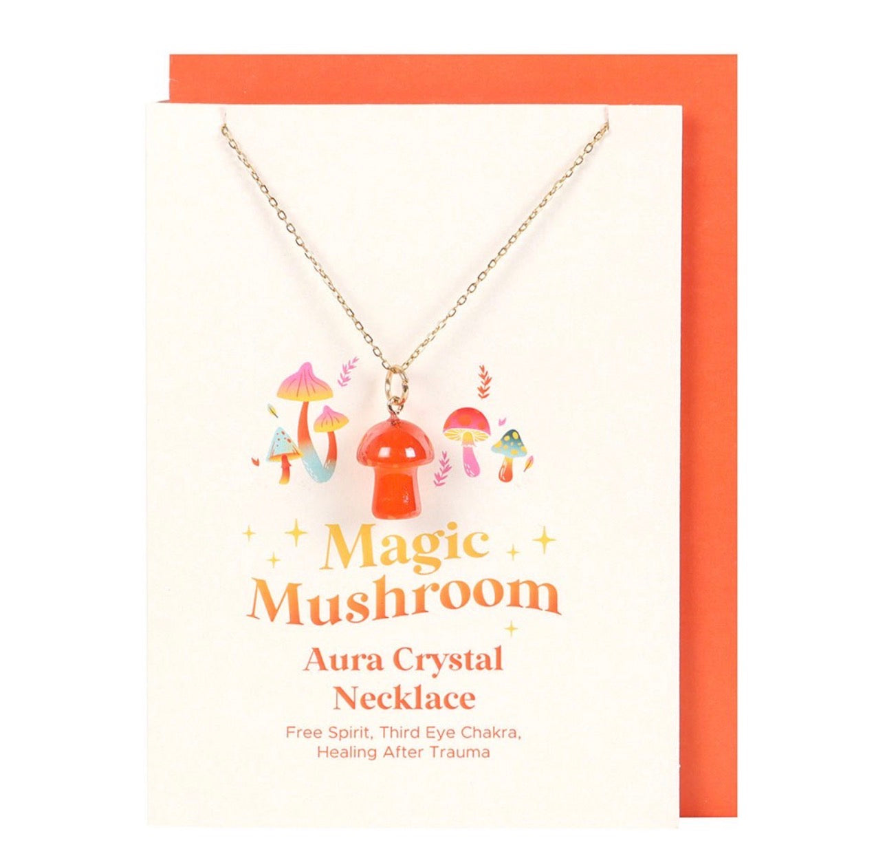 TARJETA DE FELICITACIÓN CON COLLAR DE HONGO AURA NARANJA