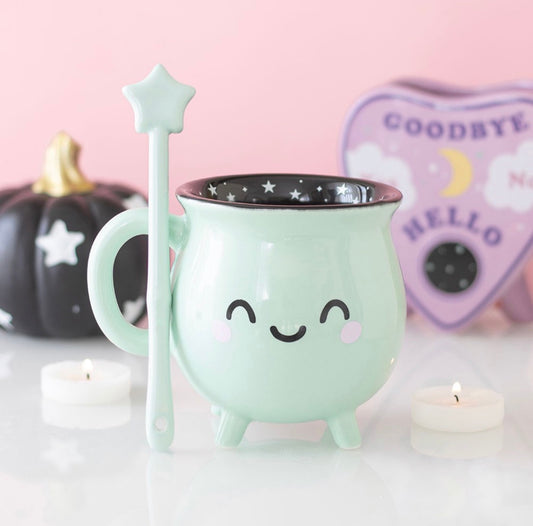 TAZA CON FORMA DE CALDERO DE COLOR VERDE MENTA CON CUCHARA MÁGICA