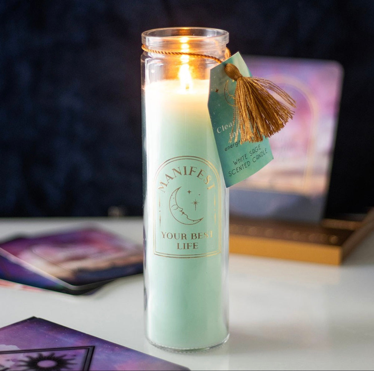 VELA DE TUBO DE SALVIA BLANCA CON CRISTALES DE CUARZO TRANSPARENTE