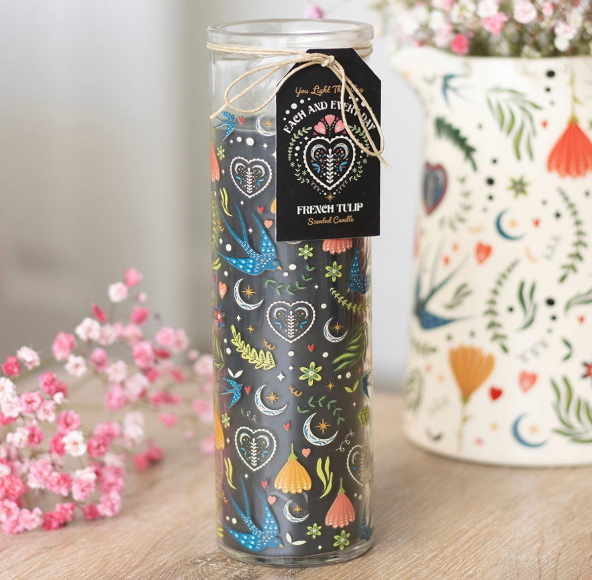 VELA DE TUBO CON ESTAMPADO DE TULIPANES FRANCESES «MIDNIGHT BLOOM»