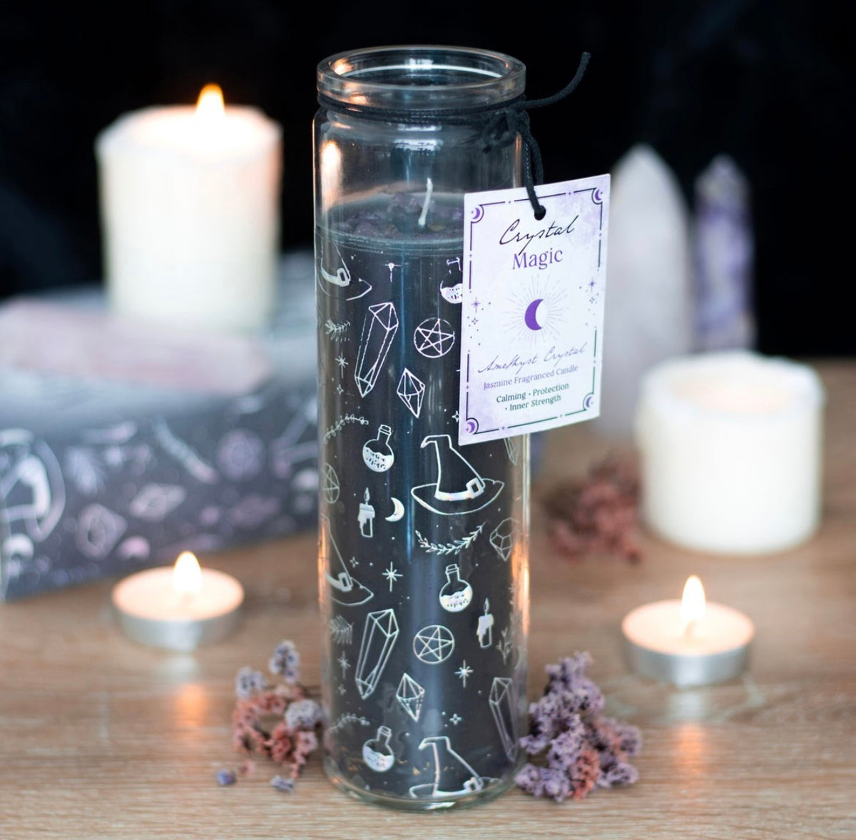 VELA DE TUBO «CRYSTAL WITCH JAZMIN» CON TROCITOS DE AMATISTA