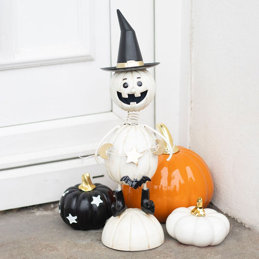 Figura hombre calabaza de metal blanco con sombrero de bruja