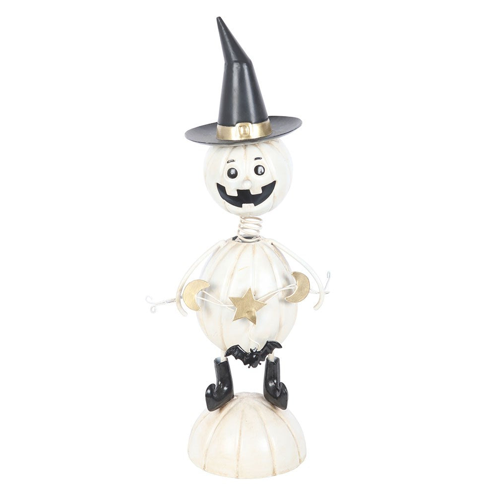 Figura hombre calabaza de metal blanco con sombrero de bruja
