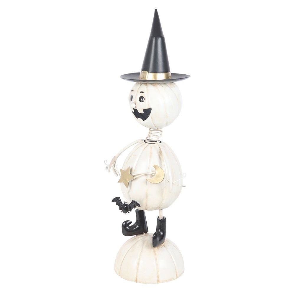 Figura hombre calabaza de metal blanco con sombrero de bruja
