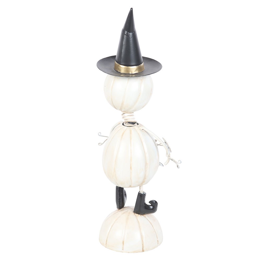 Figura hombre calabaza de metal blanco con sombrero de bruja