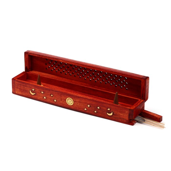Quemador de Incienso Caja de Madera de Mango Sol, Luna y Estrellas
