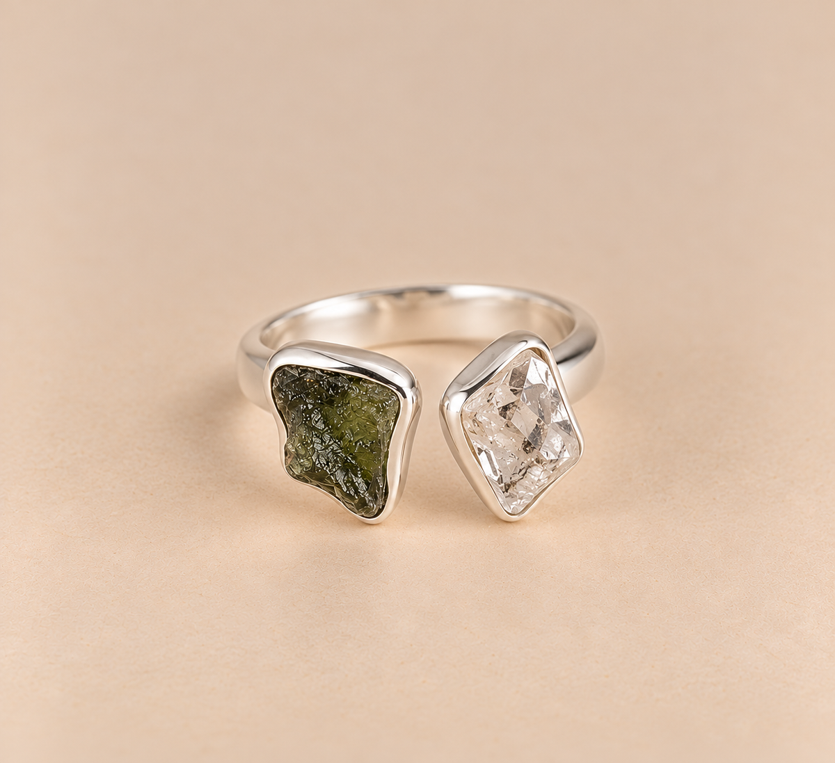 Anillo Moldavita y cuarzo herkimer plata 925 ajustable