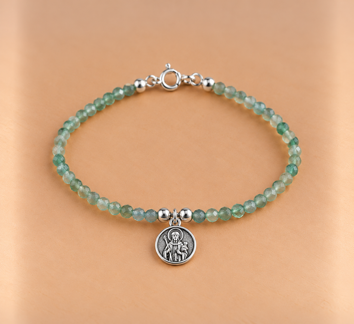 Pulsera de Cuarzo Verde Facetado con Medalla de San Judas Tadeo