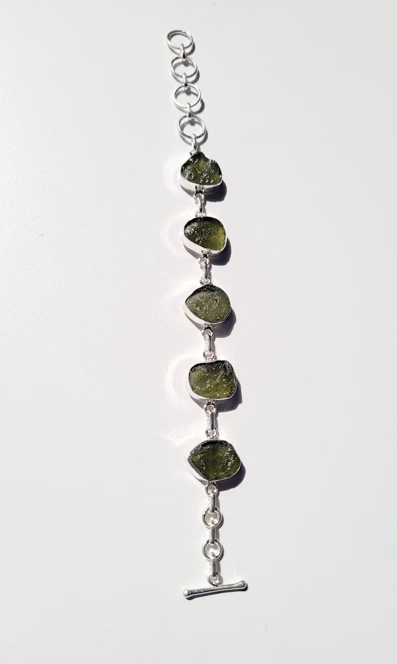 Pulsera de Moldavita plata de ley con (certificado de autenticidad)