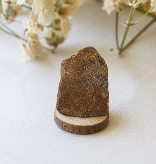 Pedestal artesanal de madera con broncita
