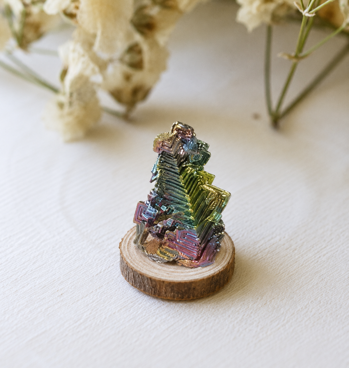 Pedestal artesanal de madera con bismuto