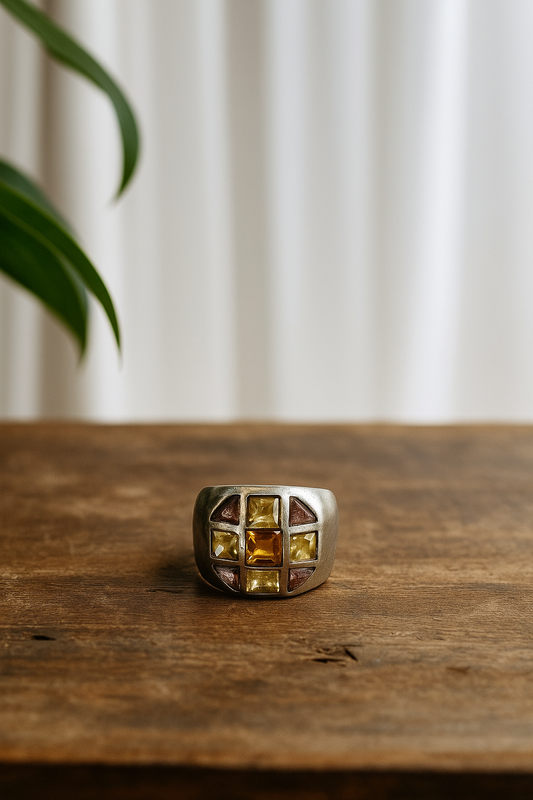 Anillo de plata 925 con ámbar , citrino y cuarzo rosa "pieza exclusiva"