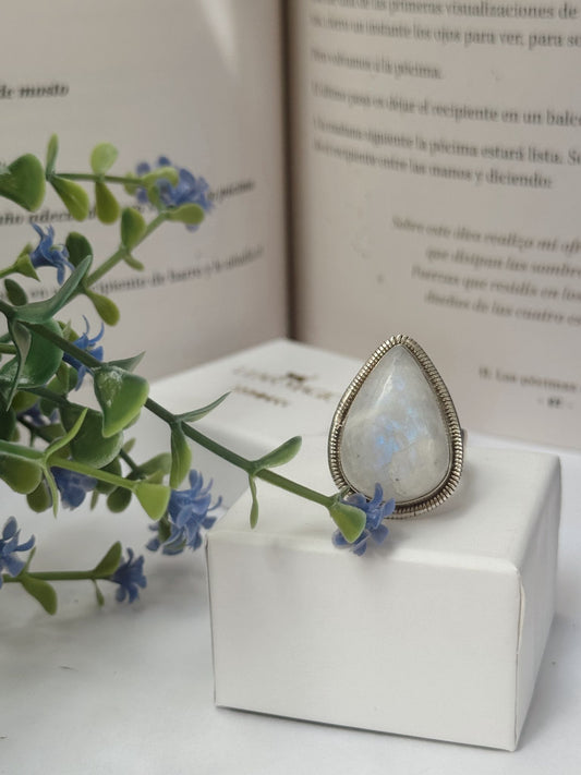 Anillo piedra luna plata de ley ajustable