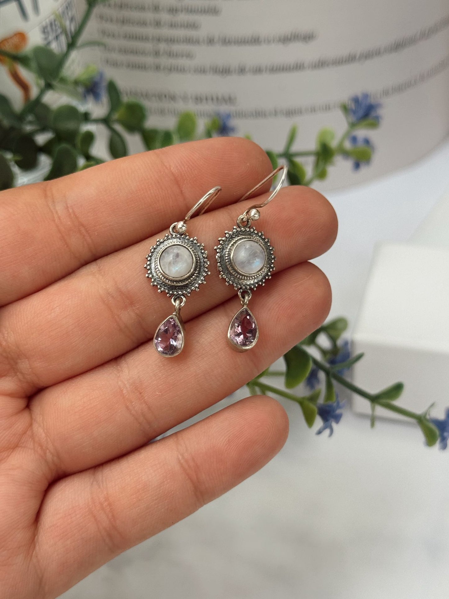 Pendientes de piedra luna con circonita plata de ley