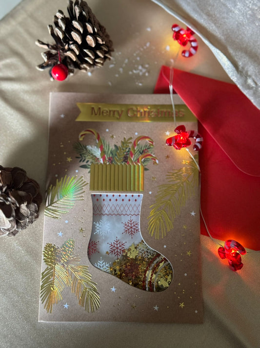 Postal Mágica de Navidad – Calcetín de Nieve con Purpurina + sobre