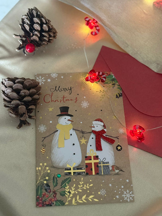 Postal Mágica de Navidad – Pareja de Muñecos de Nieve con Detalles 3D + Sobre