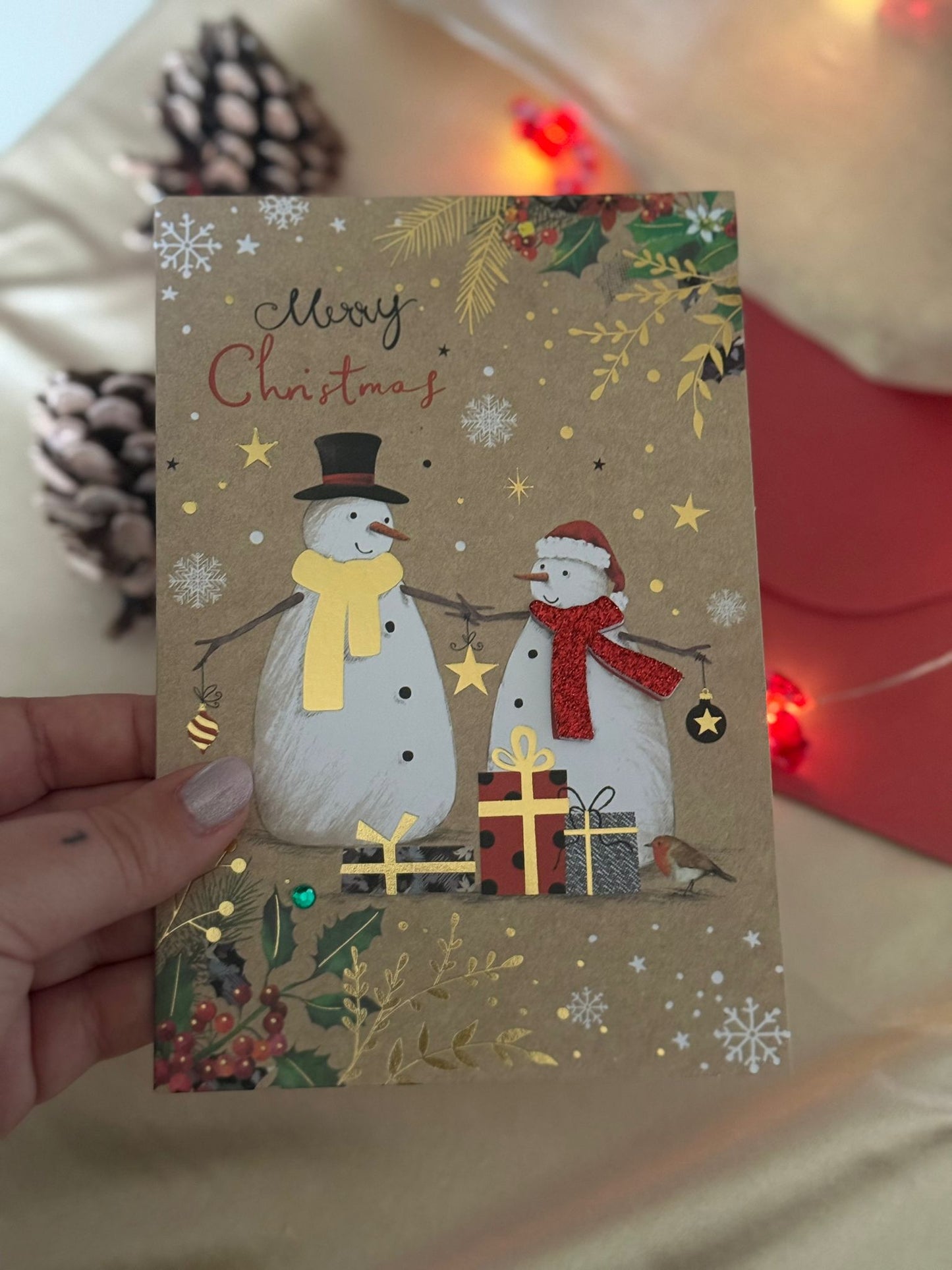 Postal Mágica de Navidad – Pareja de Muñecos de Nieve con Detalles 3D + Sobre
