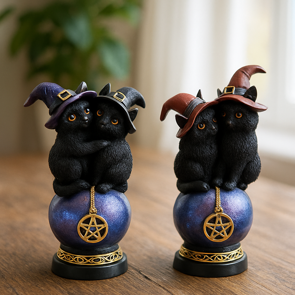 Figura de Orbe Mágico con Pentagrama y Gatos Negros de Bruja
