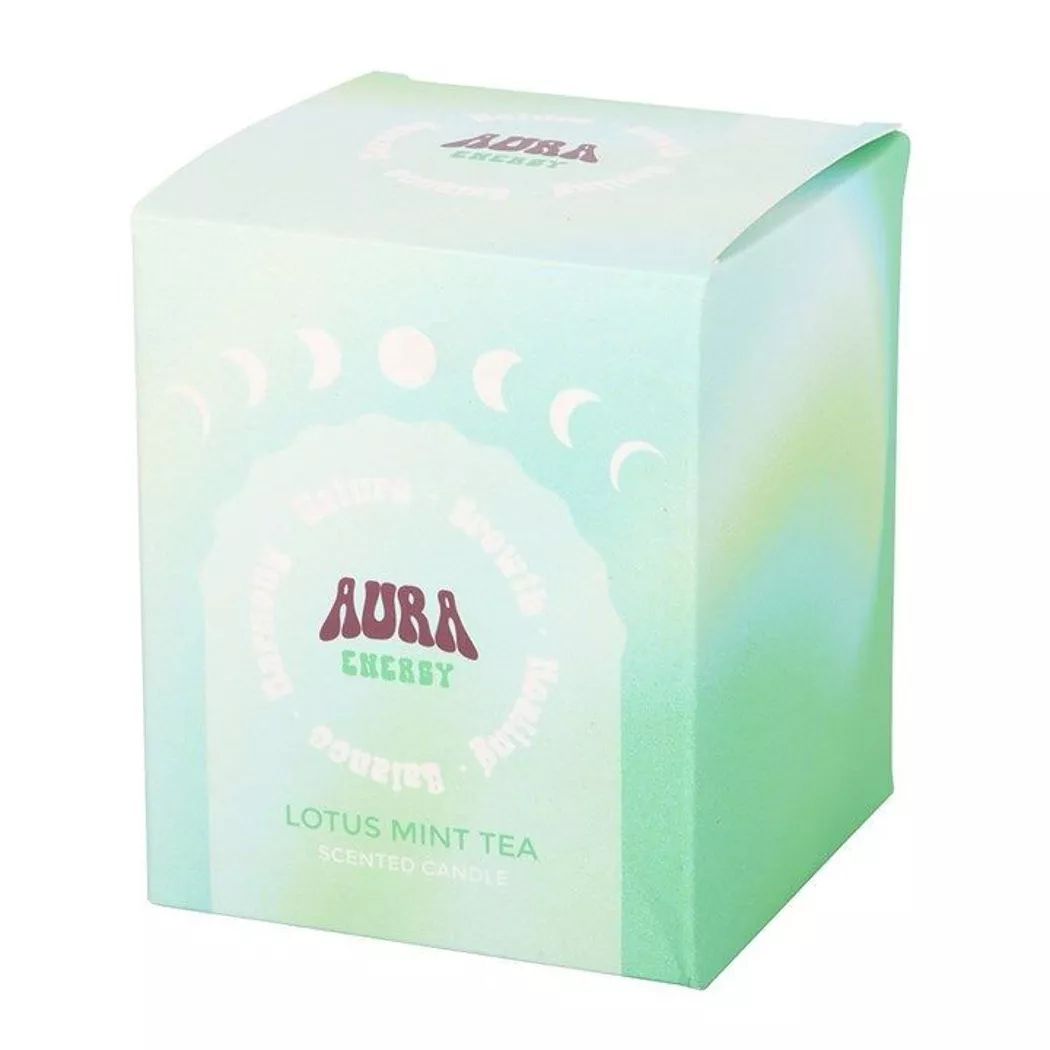 Vela iridiscente Aura energía con aroma de te de menta y loto.