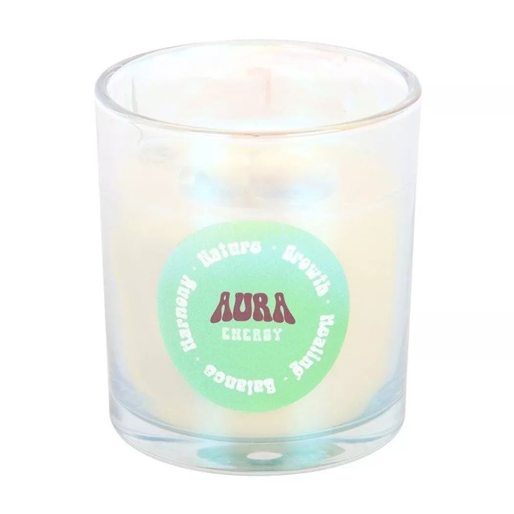 Vela iridiscente Aura energía con aroma de te de menta y loto.