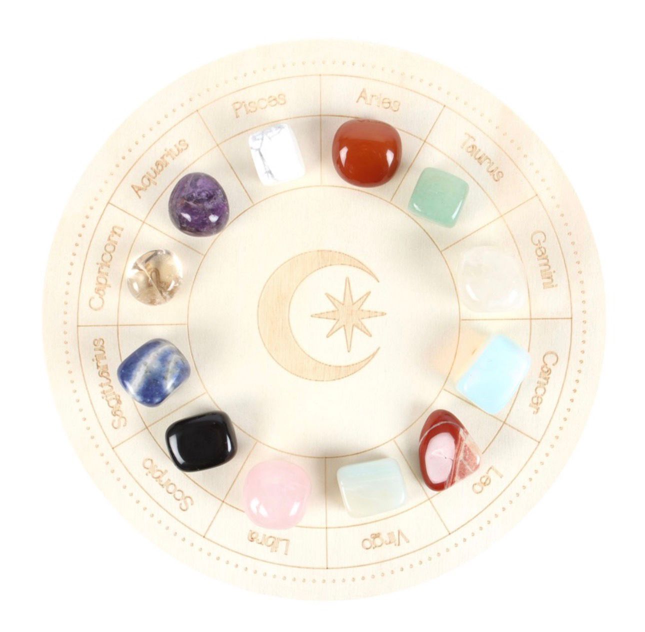 Juego de rueda de astrología con minerales.