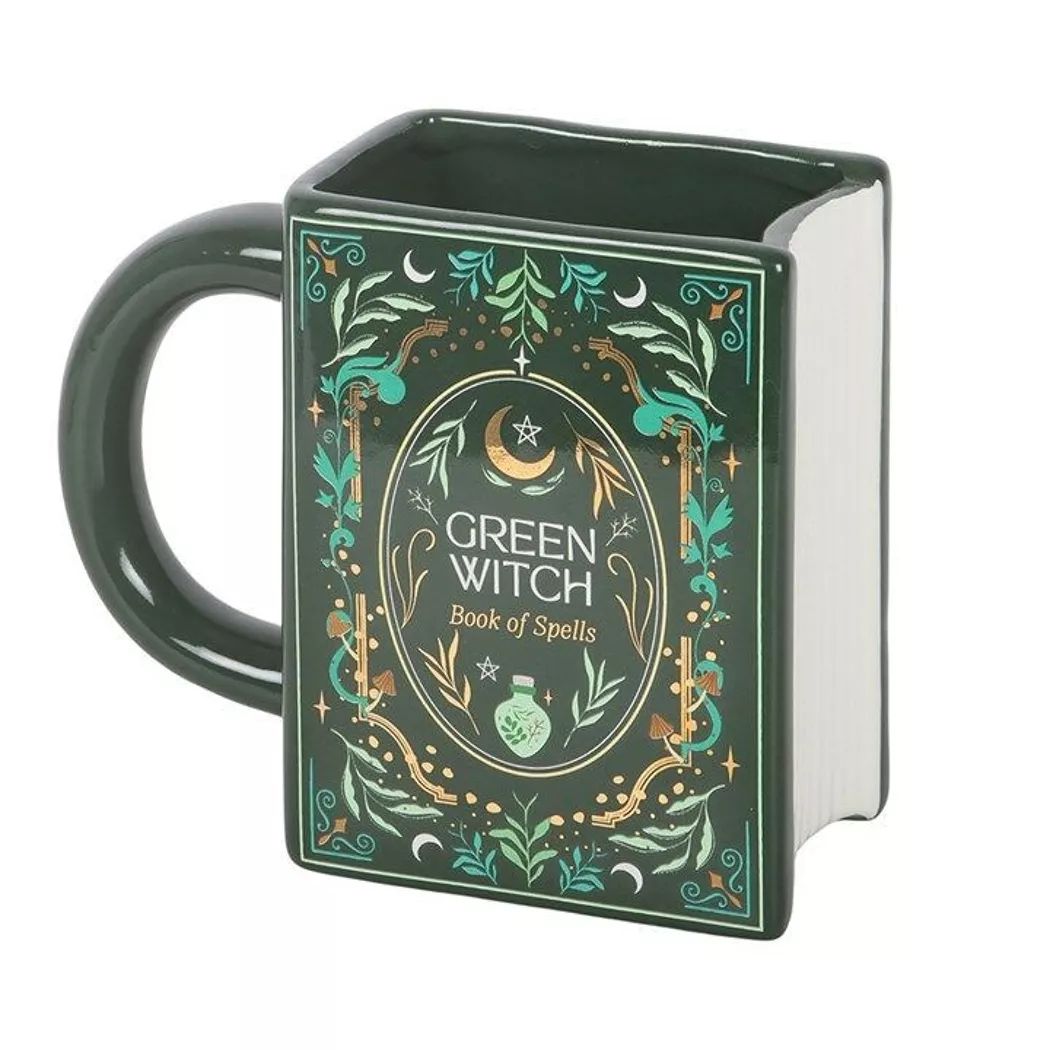 Taza en forma de libro de la bruja verde.
