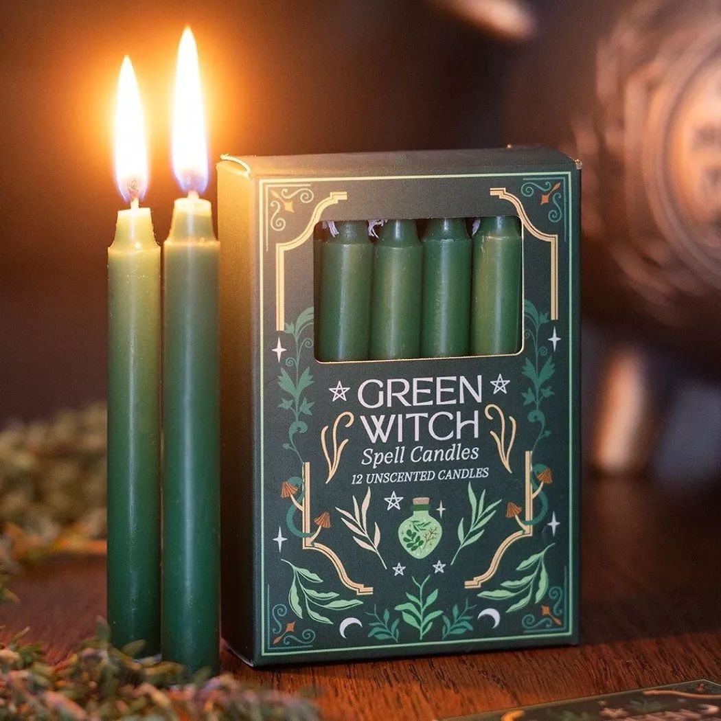Paquete de 12 velas verdes para hechizos de bruja.