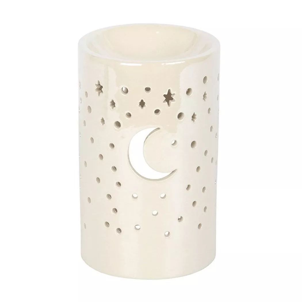 Quemador de aceite y calentador de cera con forma de pilar de luna blanca iridiscente.