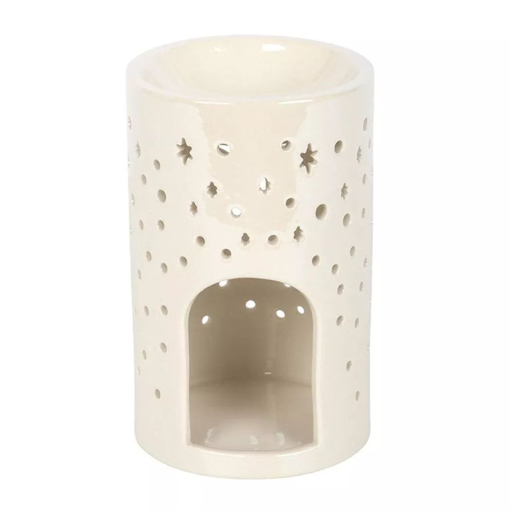 Quemador de aceite y calentador de cera con forma de pilar de luna blanca iridiscente.