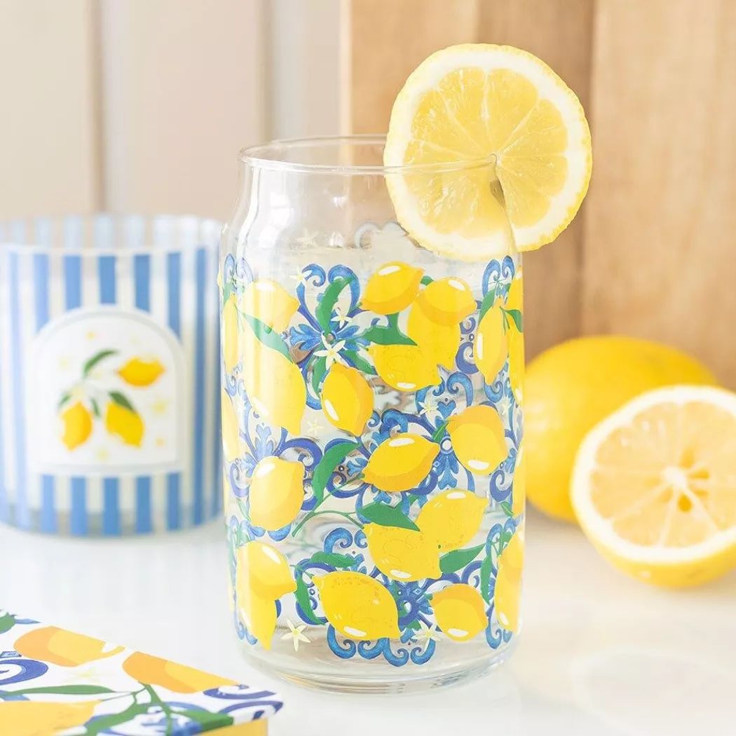 Vaso de vidrio con estampado limon