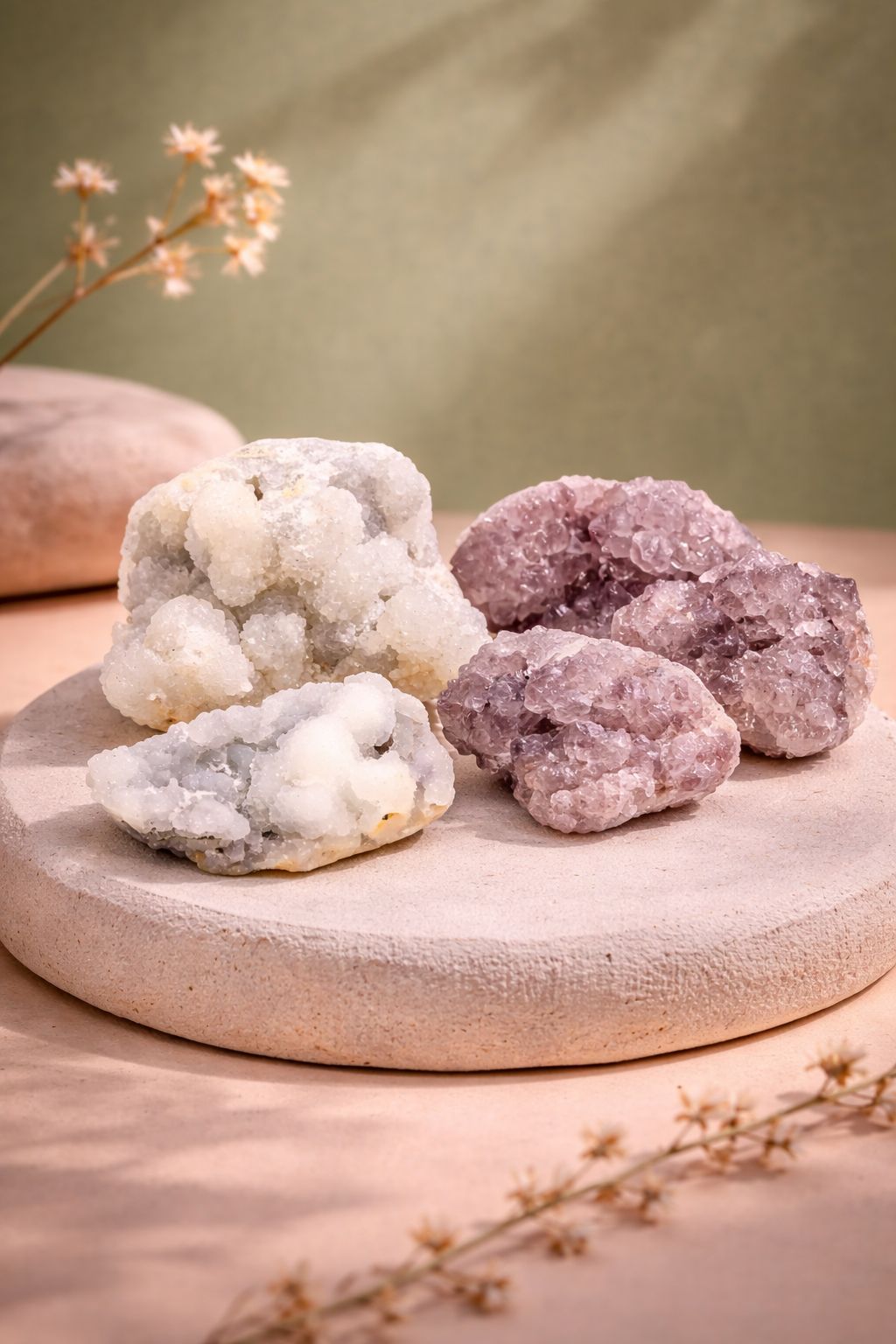 Calcedonia con drusa de cuarzo natural botrioidal