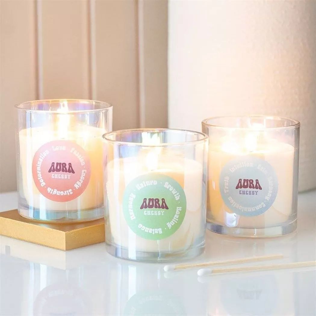 Vela iridiscente Aura energía con aroma de te de menta y loto.