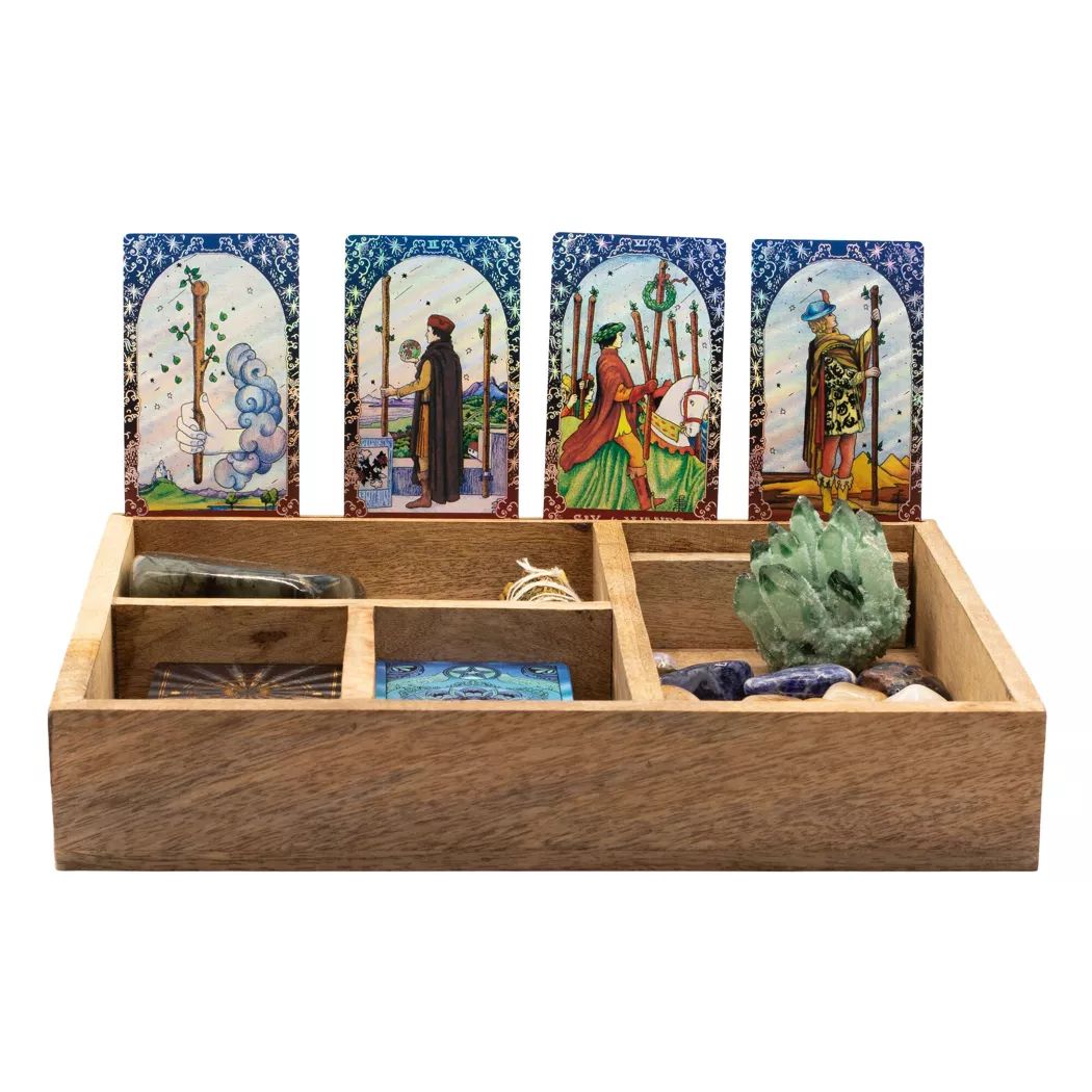 Caja de tarot de cuatro secciones con porta cartas