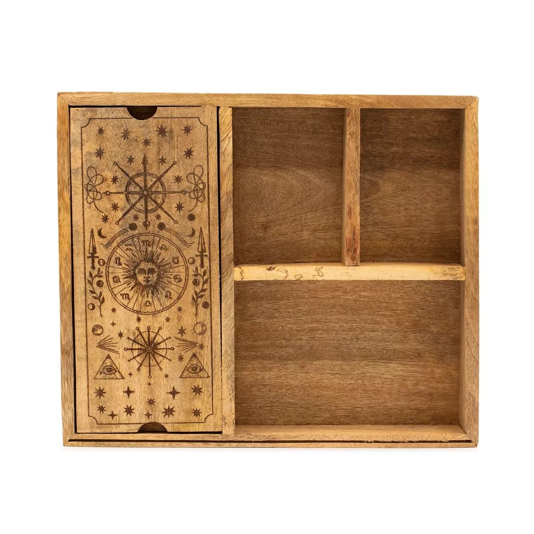 Caja de tarot de cuatro secciones con porta cartas
