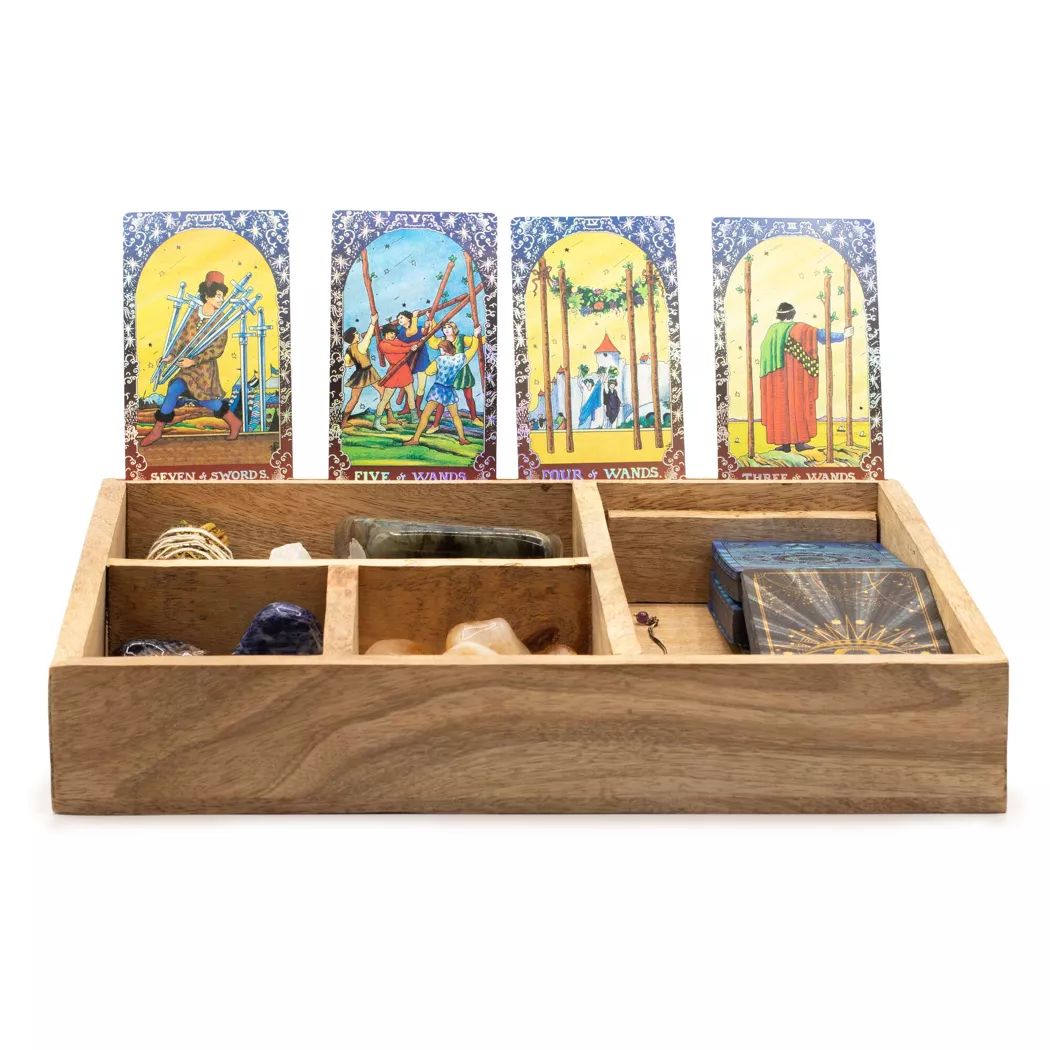 Caja de tarot de cuatro secciones con porta cartas