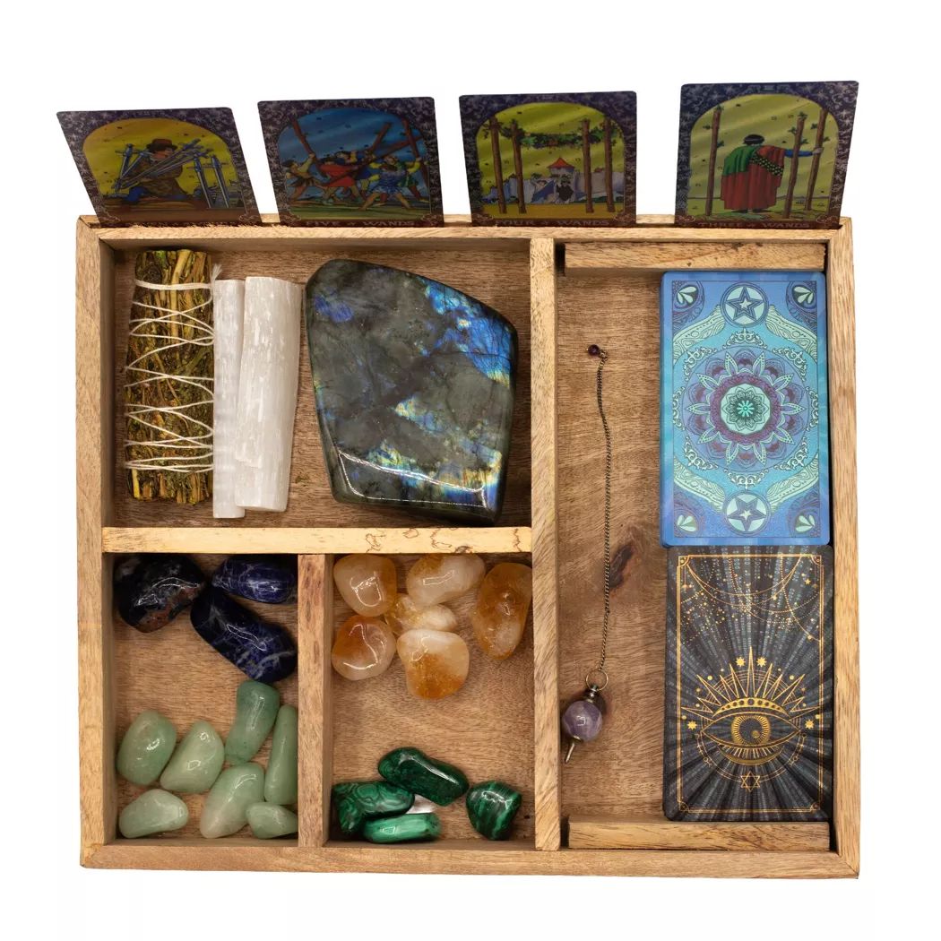 Caja de tarot de cuatro secciones con porta cartas