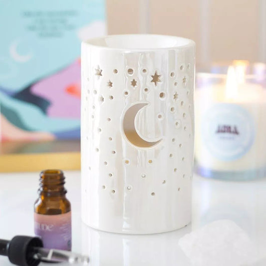 Quemador de aceite y calentador de cera con forma de pilar de luna blanca iridiscente.