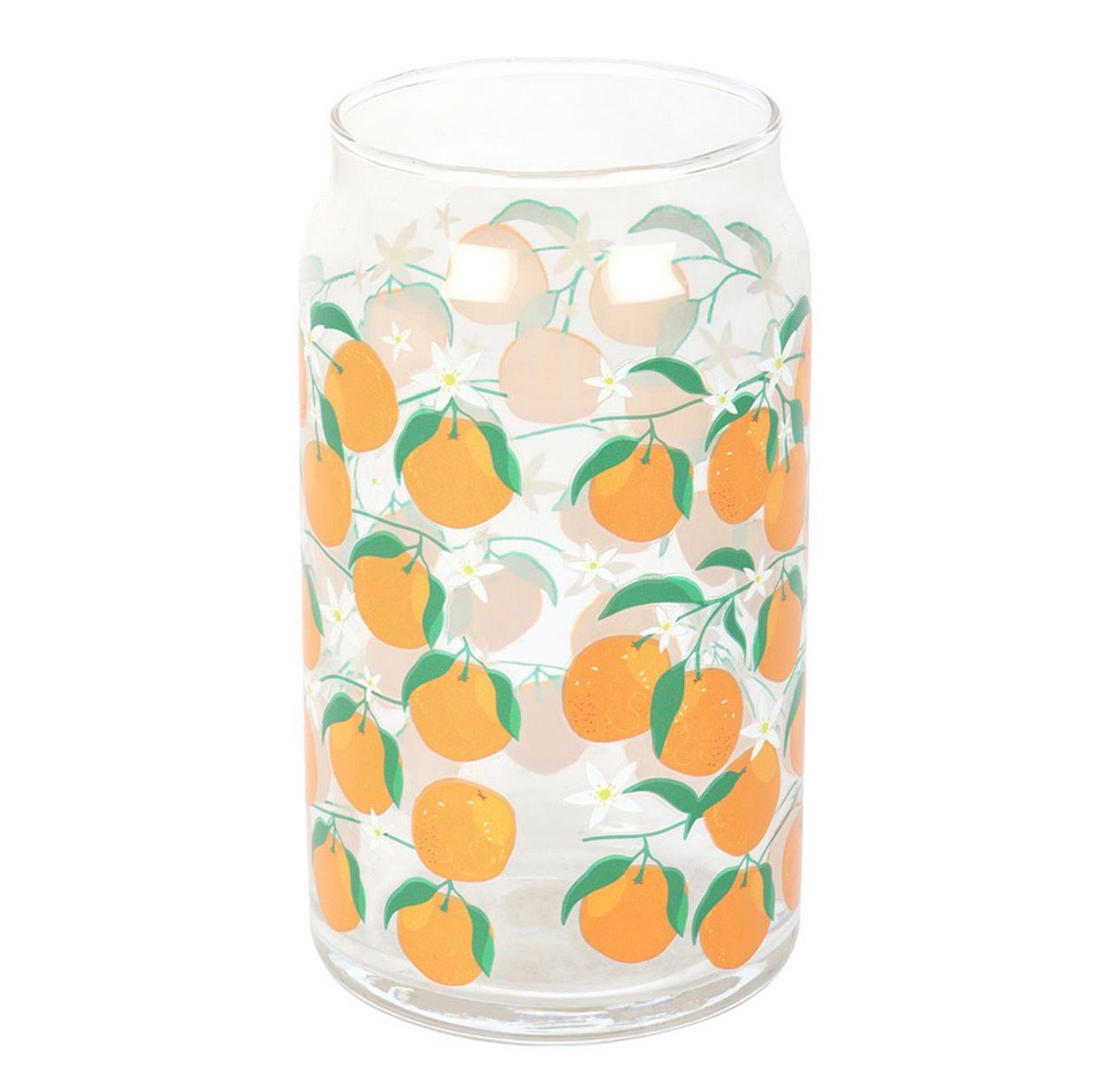 Vaso de vidrio con estampado naranja.