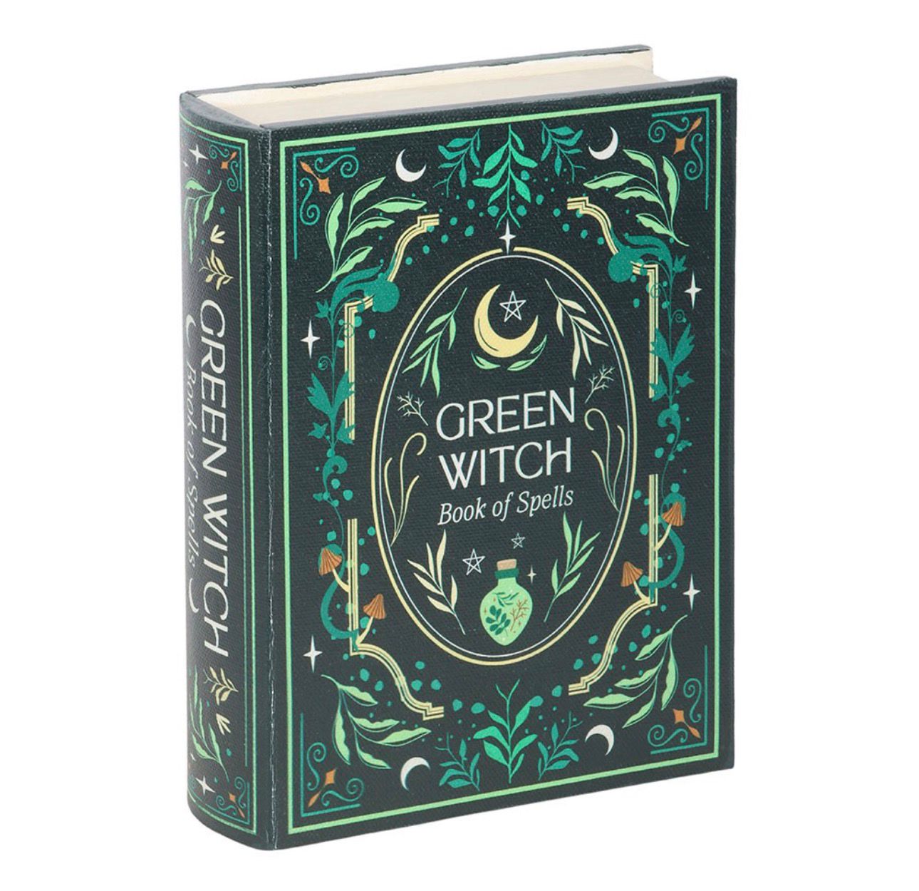 Caja de almacenamiento con forma de libro de la bruja verde.