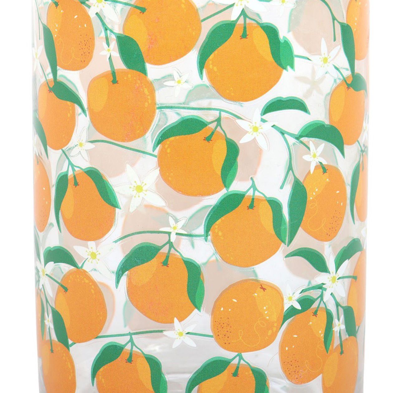 Vaso de vidrio con estampado naranja.